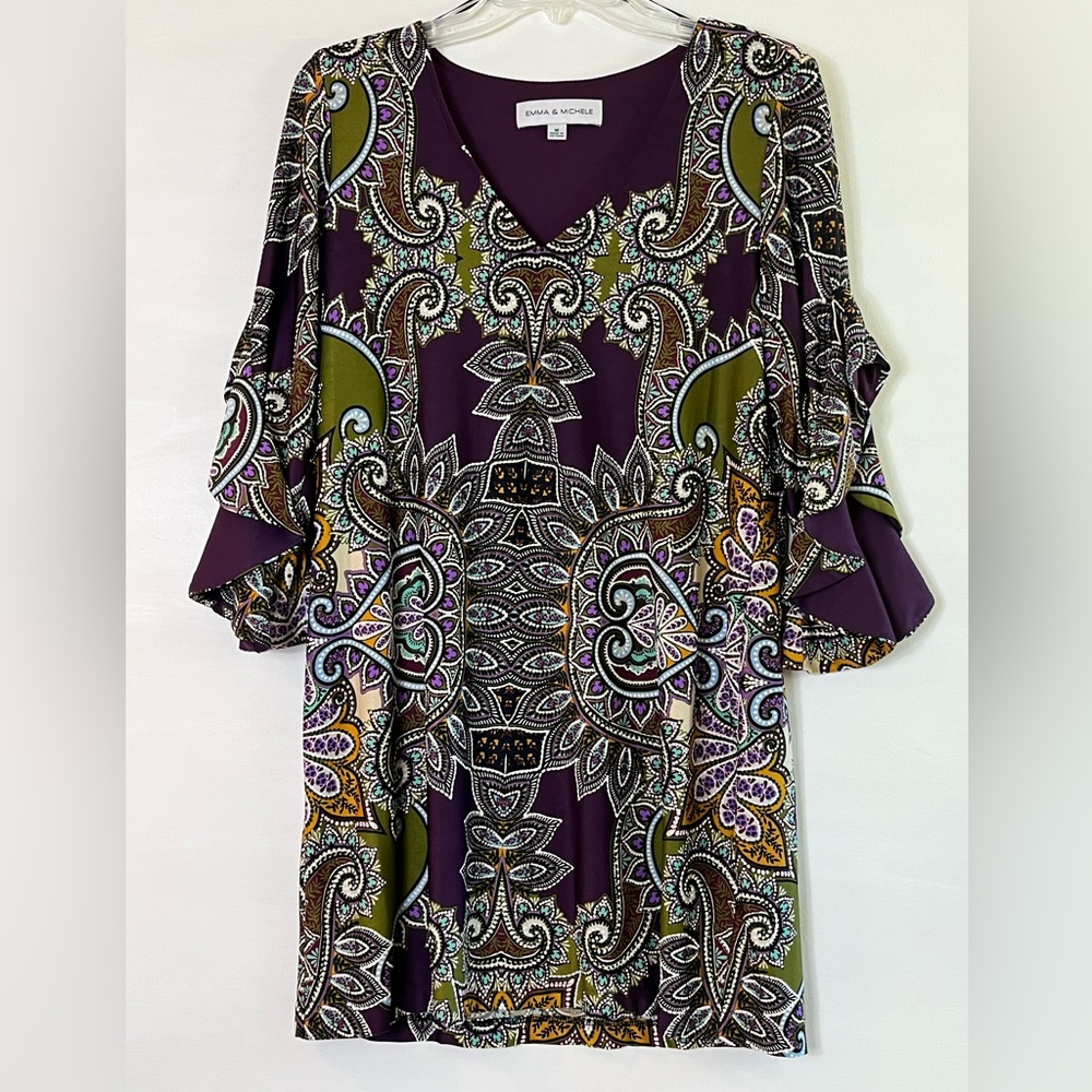 Emma & Michele Women’s Purple White Paisley Shift Dress Angel Sleeves Sz M